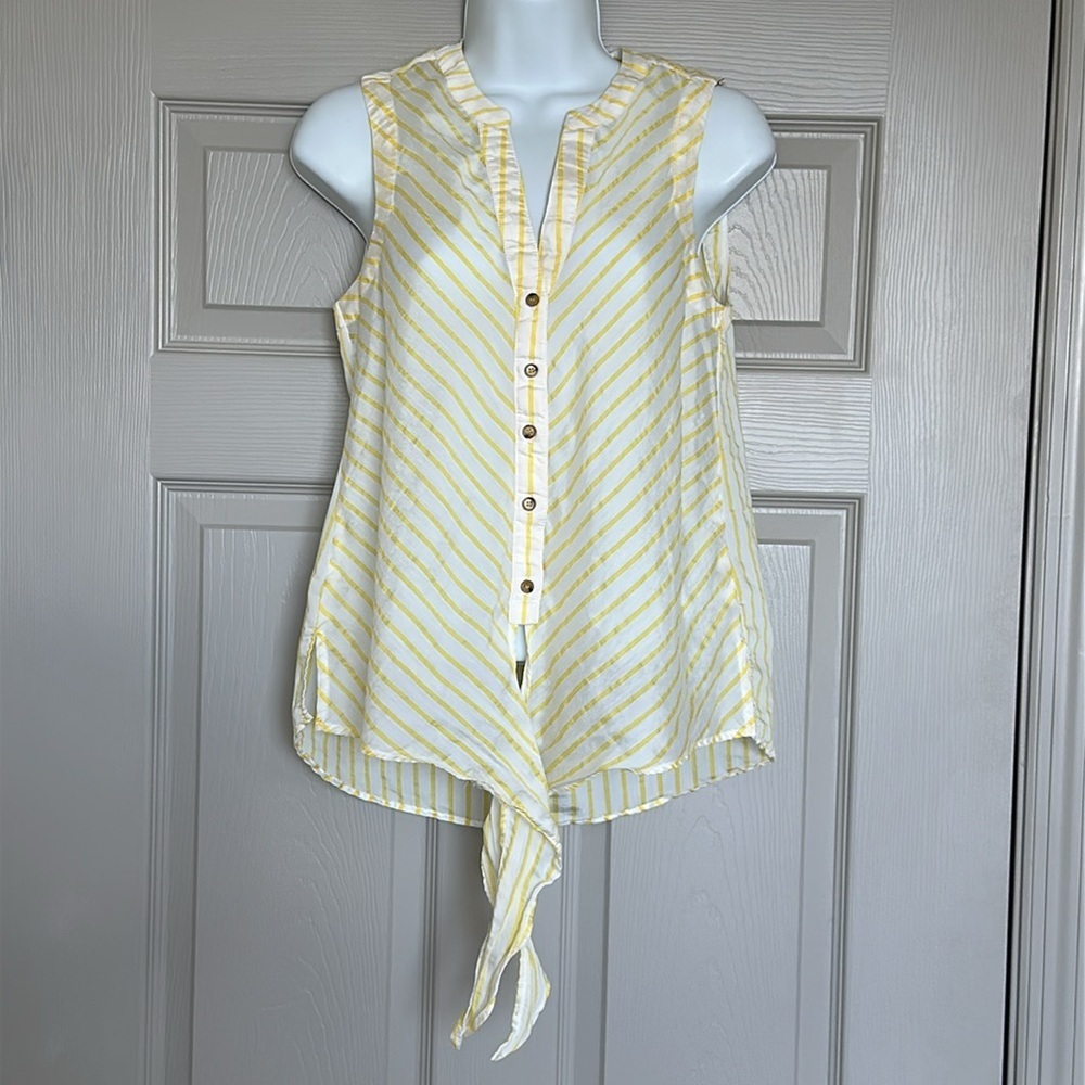 MAEVE BY ANTHROPOLOGIE WOMEN'S SLEEVELESS V-NECK YELLOW/WHITE STRIPED TOP SIZE 0